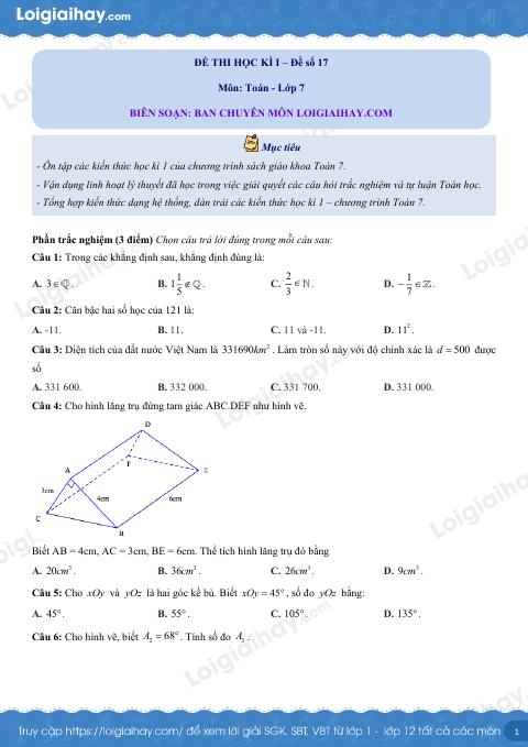 Đề thi học kì 1 Toán 7 Cánh diều - Đề số 17